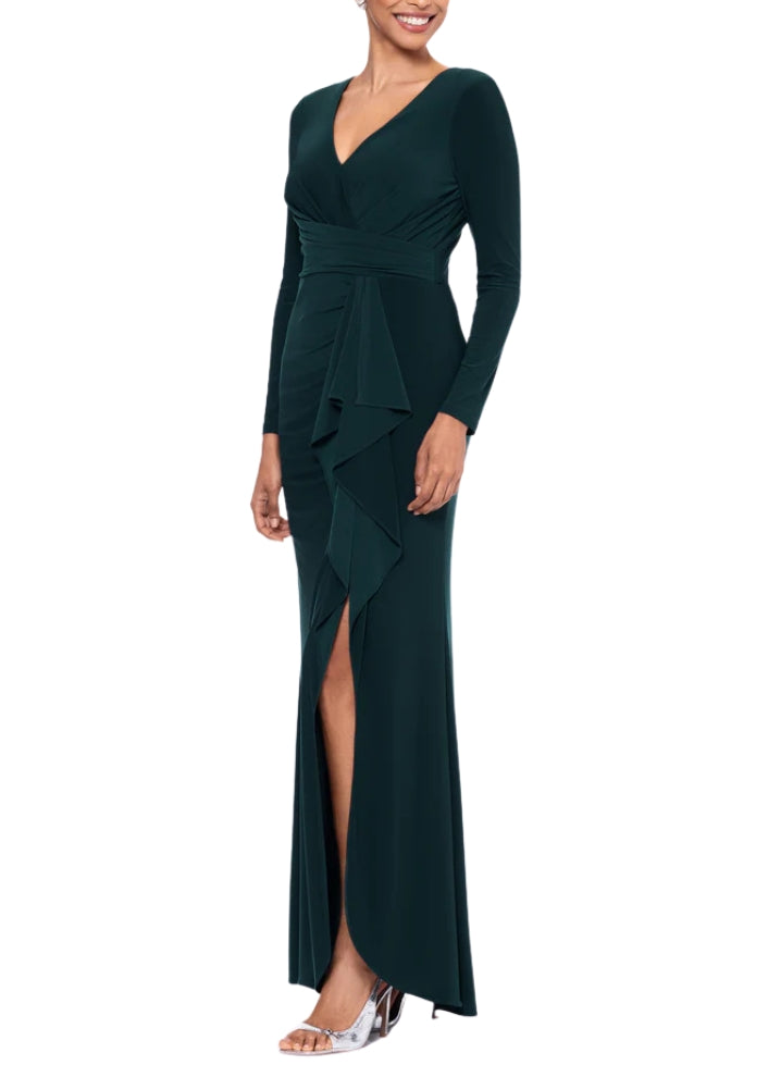Betsy and Adam Elle Deep V-Neckline Long Sleeves High Ruffled Side Slit Gown Dress