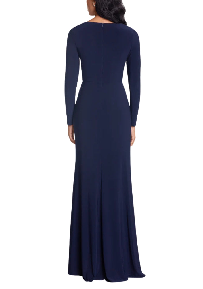 Betsy and Adam Elle Deep V-Neckline Long Sleeves High Ruffled Side Slit Gown Dress - NAVY - Back