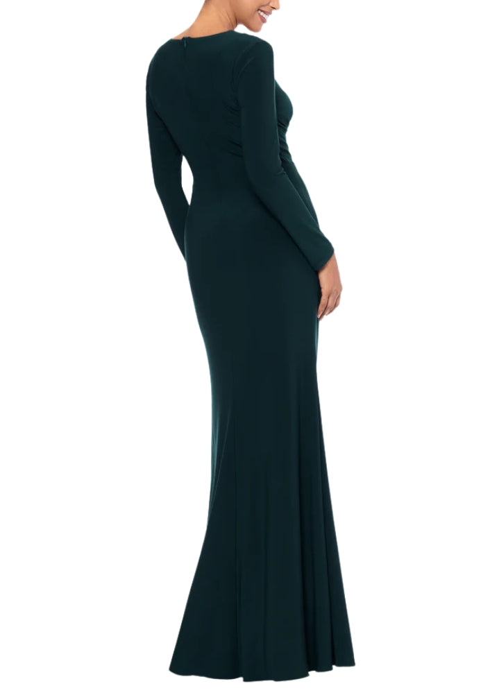 Betsy and Adam Elle Deep V-Neckline Long Sleeves High Ruffled Side Slit Gown Dress - PINE - Back
