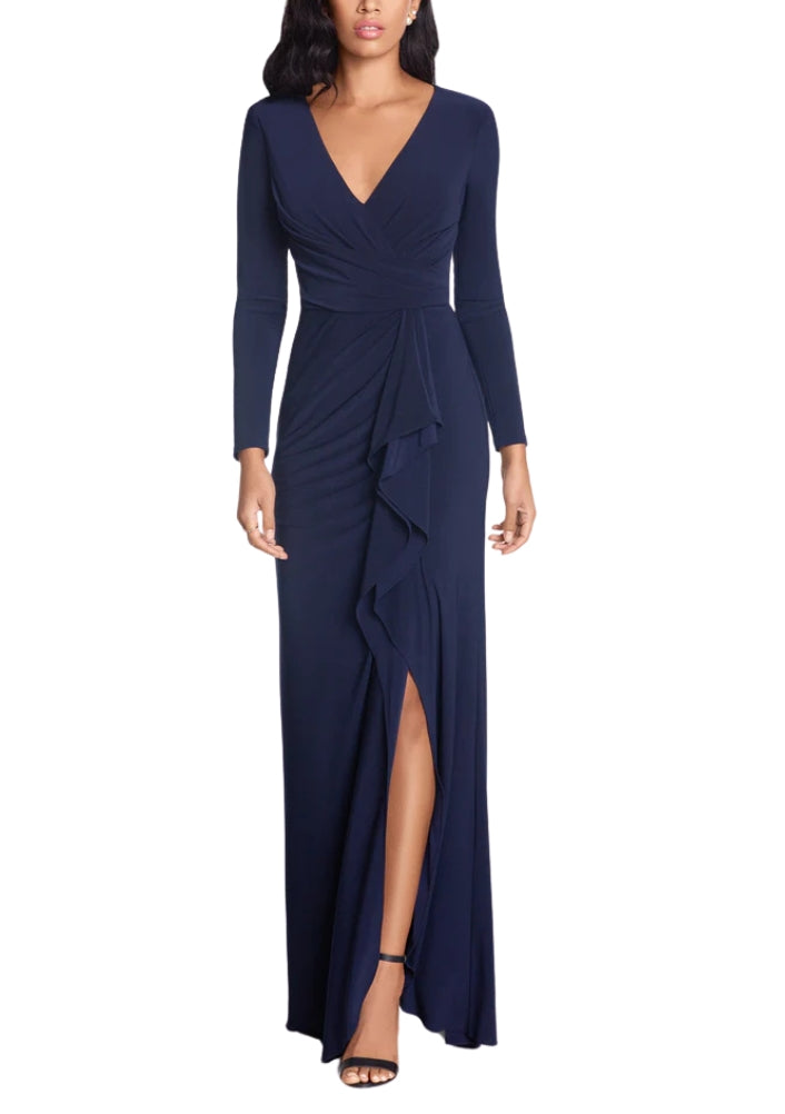 Betsy and Adam Elle Deep V-Neckline Long Sleeves High Ruffled Side Slit Gown Dress - NAVY - Front