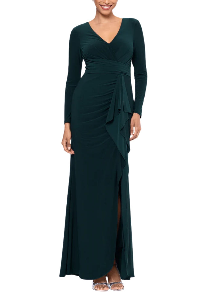 Betsy and Adam Elle Deep V-Neckline Long Sleeves High Ruffled Side Slit Gown Dress - PINE - Front