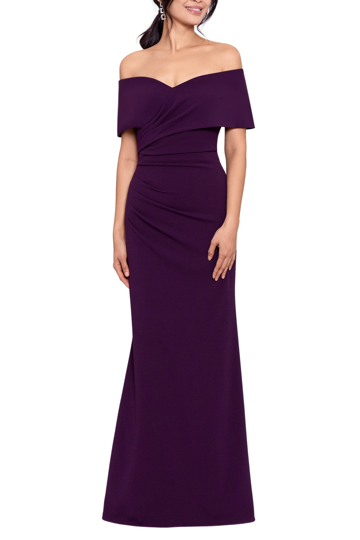 Betsy and Adam Tanya Off-The-Shoulder Ruching Cuff Wrap Long Dress