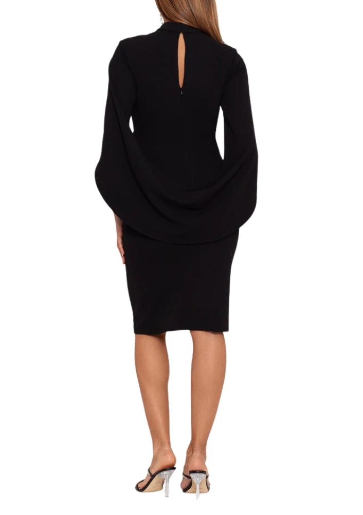 Betsy and Adam Kristin High Mock Collar Neckline Cutout Cape Sleeves Back Keyhole Closure Sheath Dress - BLACK - Back
