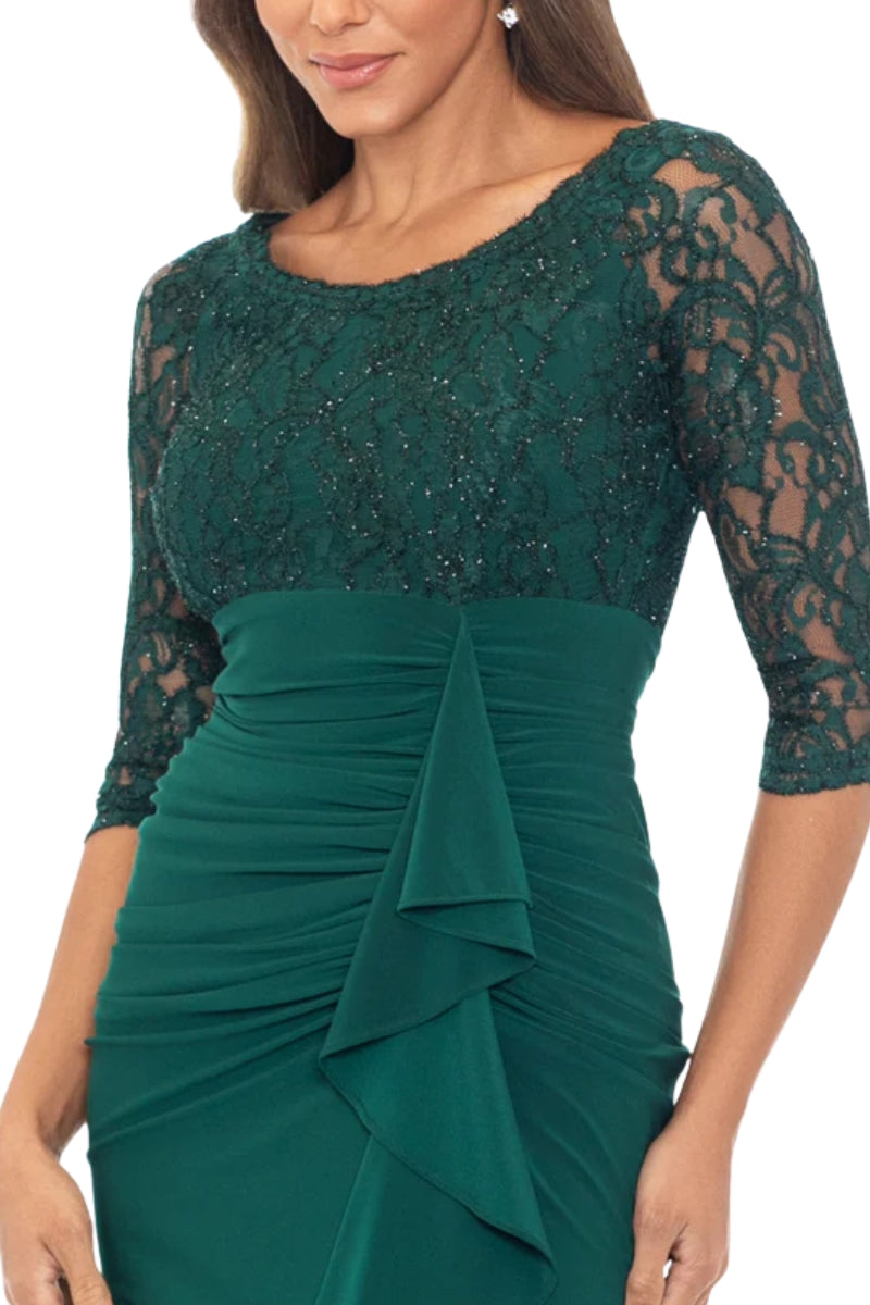 Betsy and Adam Irina Wide Boat Neckline Beaded Lace Overlay Bodice Cascade Ruffled Skirt Thigh-High Slit Sheath Gown Dress