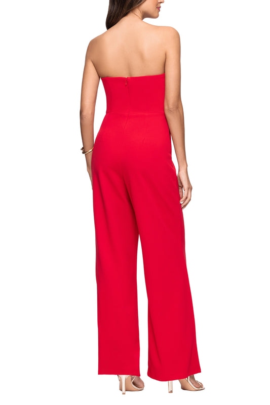 Red Strapless Strapless Floor Length Tuxedo Jumpsuit Back Zipper and Side Pockets Betsy & Adam A26529