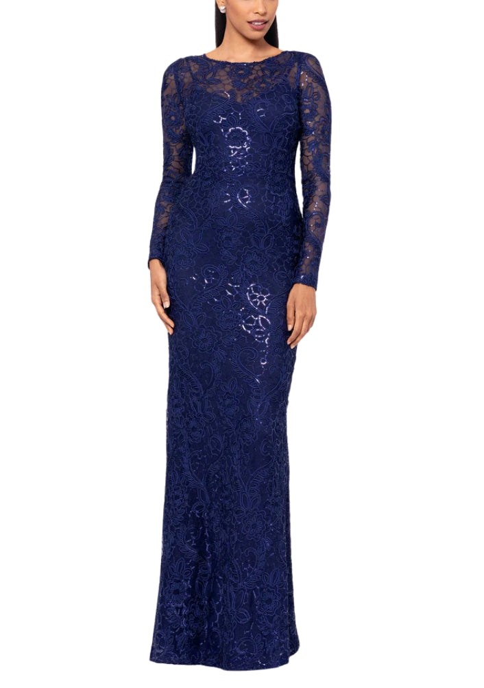 Betsy and Adam Cecelia Bateau Neckline Long Sleeves Intricate Lace Overlay Back Zipper Closure Modern Fit Gown Dress - NAVY - Front