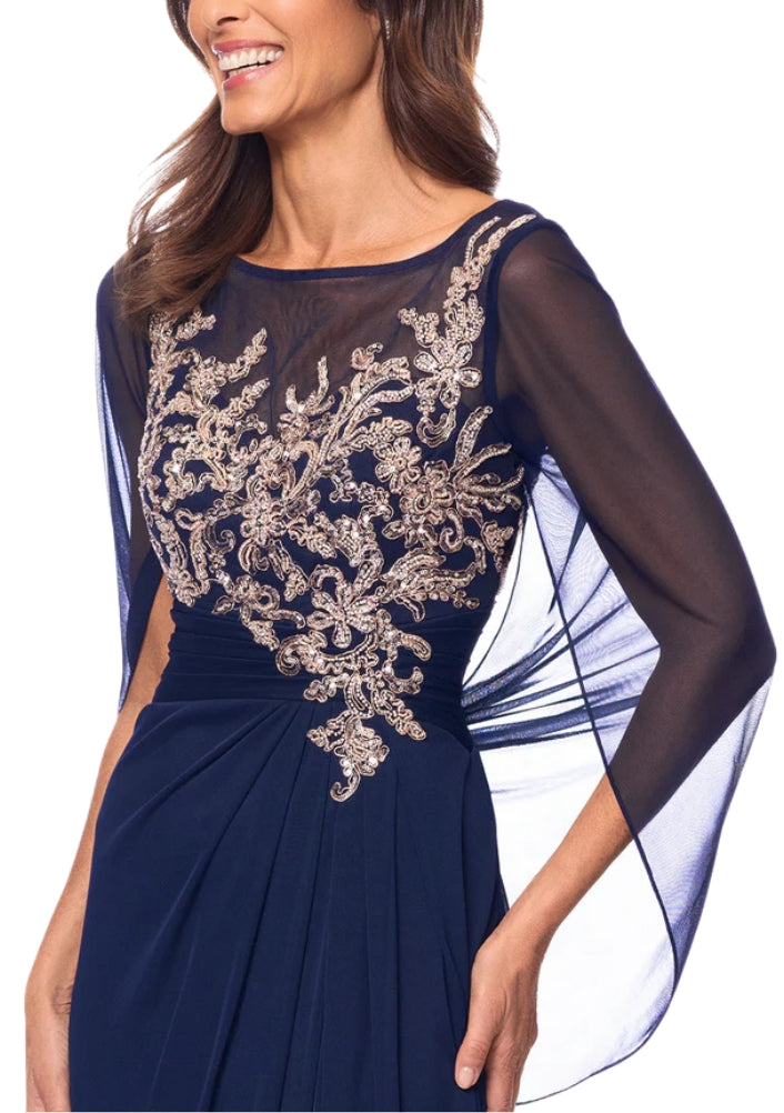 Betsy and Adam Willa Boat Neck Sheer Cape Sleeves Embroidered Embellished Bodice Back Zipper Fit Draped Skirt Dress