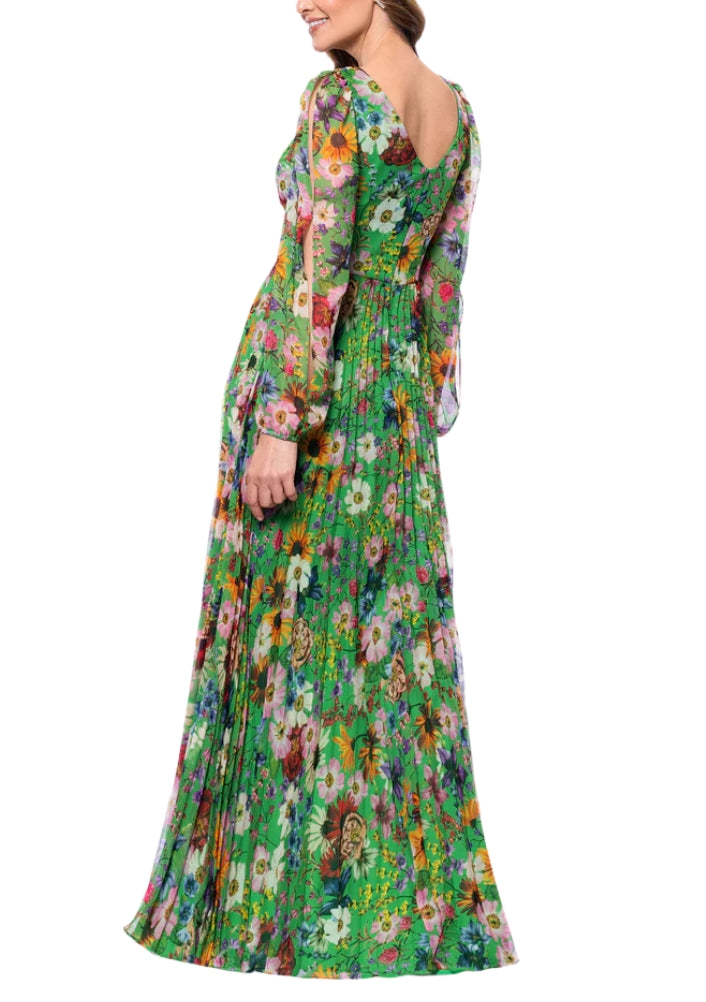 Betsy and Adam Chiffon Floral Print Katarina V-Neck Long Sheer Sleeves Wrap-Style Bodice Pleated Skirt Dress - GREEN - back