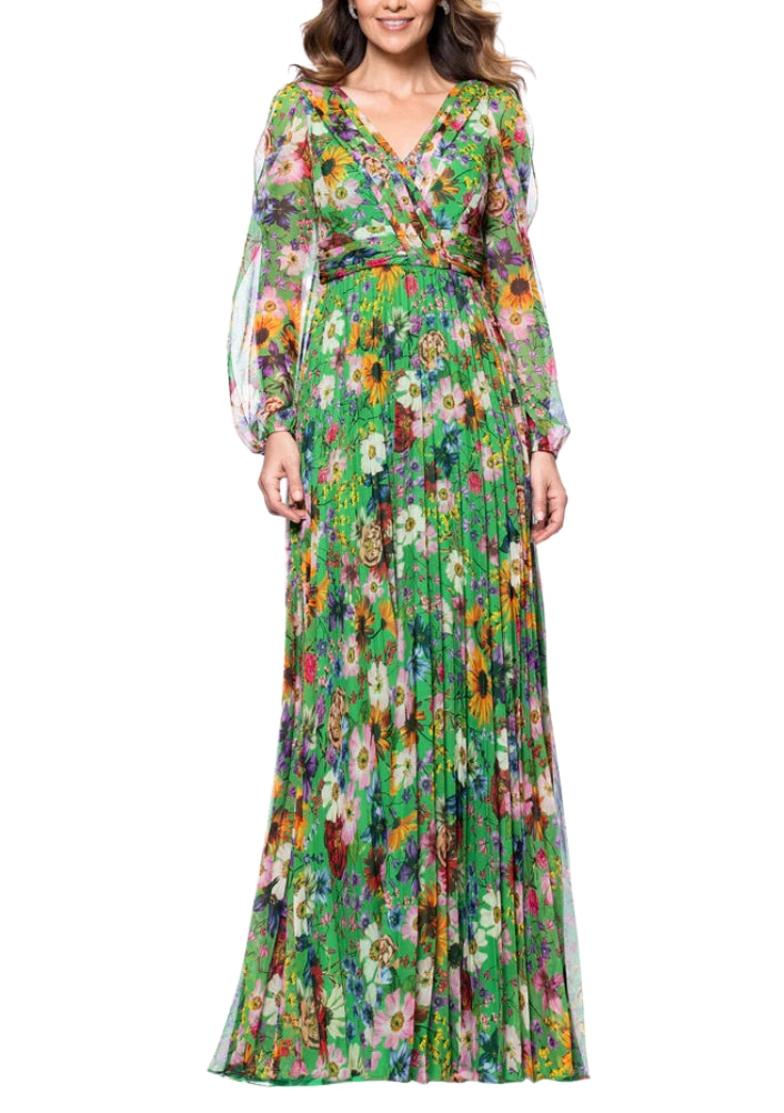 Betsy and Adam Chiffon Floral Print Katarina V-Neck Long Sheer Sleeves Wrap-Style Bodice Pleated Skirt Dress - GREEN - front