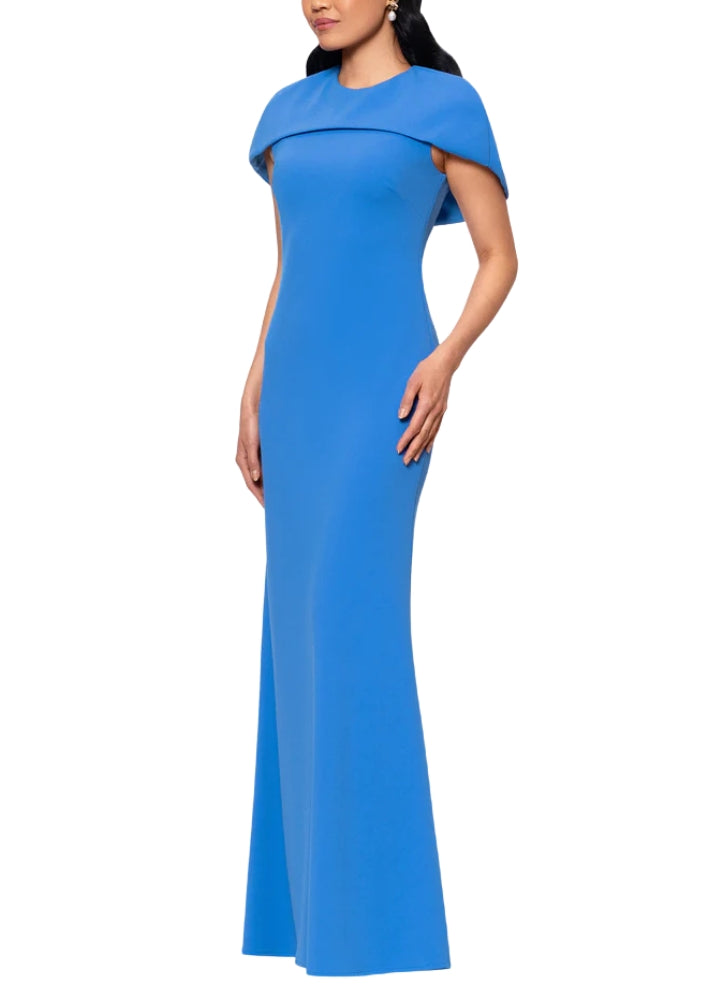 Betsy and Adam Shanice Cape Overlay Neckline Back Zipper Sheath Silhouette Floor Length Dress
