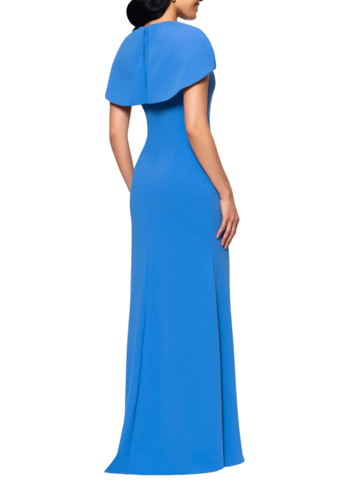 Betsy and Adam Shanice Cape Overlay Neckline Back Zipper Sheath Silhouette Floor Length Dress - CORNFLOWER - Back