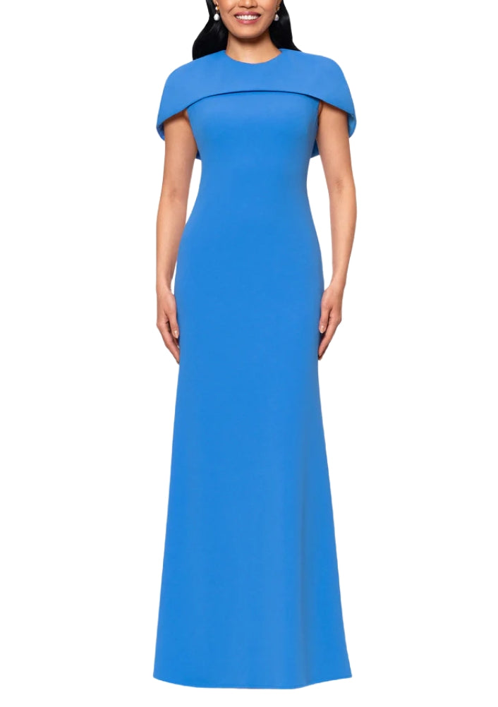 Betsy and Adam Shanice Cape Overlay Neckline Back Zipper Sheath Silhouette Floor Length Dress - CORNFLOWER - Front