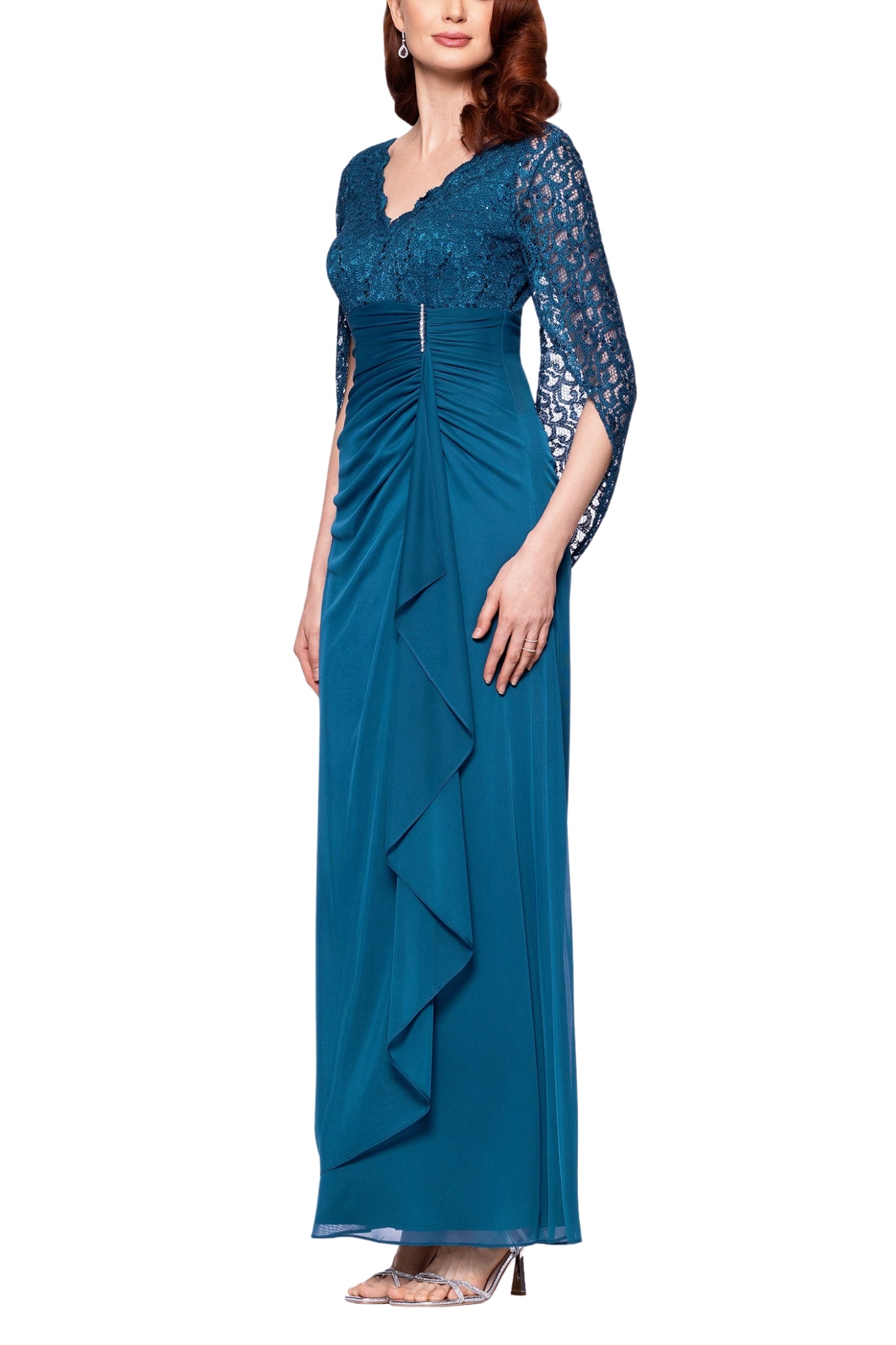 Betsy and Adam Carmyn V-Neckline Three-Quarter Lace Side Ruche Long Gown Dress