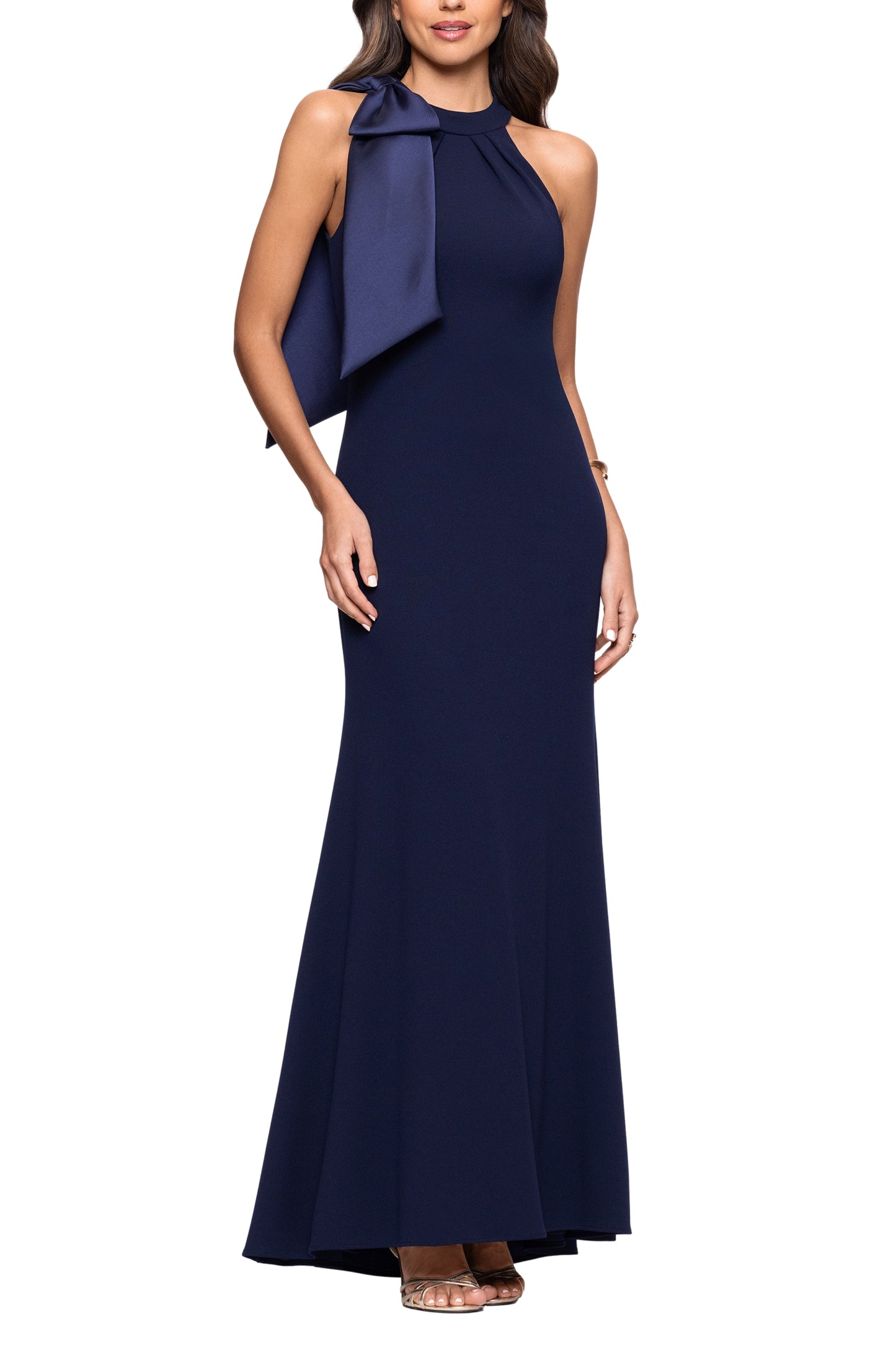 Betsy and Adam Laney Sleeveless Shoulder Bow Detail Back Zipper Sheath Long Dress