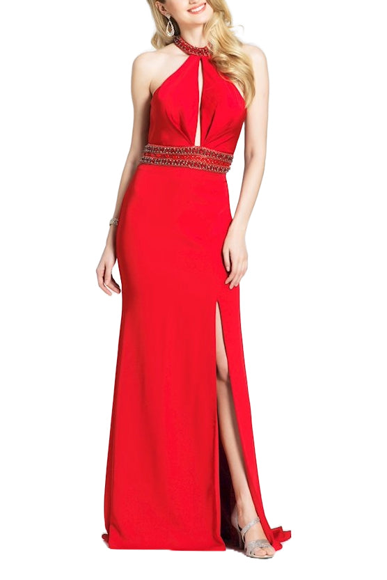 Dave & Johnny Embellished Halter Neck Slit Front Embellished Waist Zipper Back Cutout Back Satin Gown - RED - Front