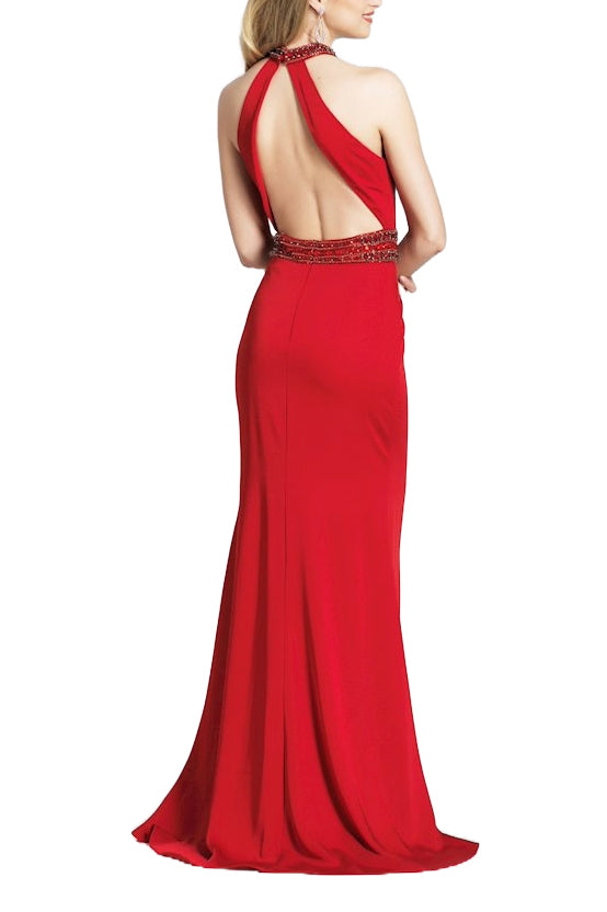 Dave & Johnny Embellished Halter Neck Slit Front Embellished Waist Zipper Back Cutout Back Satin Gown - RED - Back