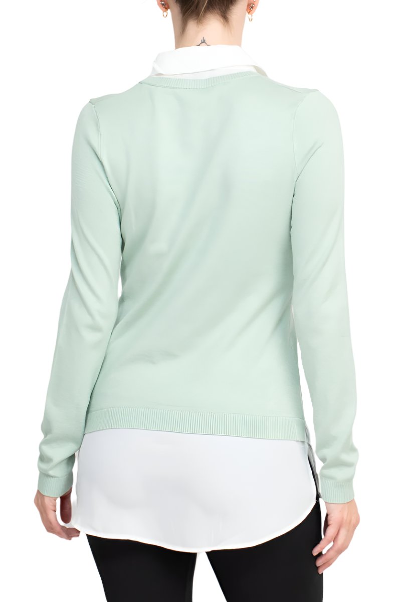 Adrianna Papell Shell V-neck Sheath Lsyered Twofer Sweater - Wholesale - SILT GREEN IVORY - Back