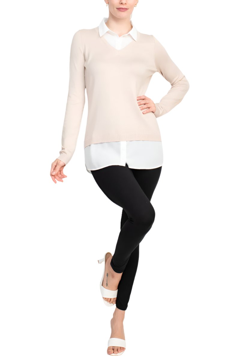Adrianna Papell Shell V-neck Sheath Lsyered Twofer Sweater - Wholesale - CHAMPAGNE BLUSH IVORY - Front
