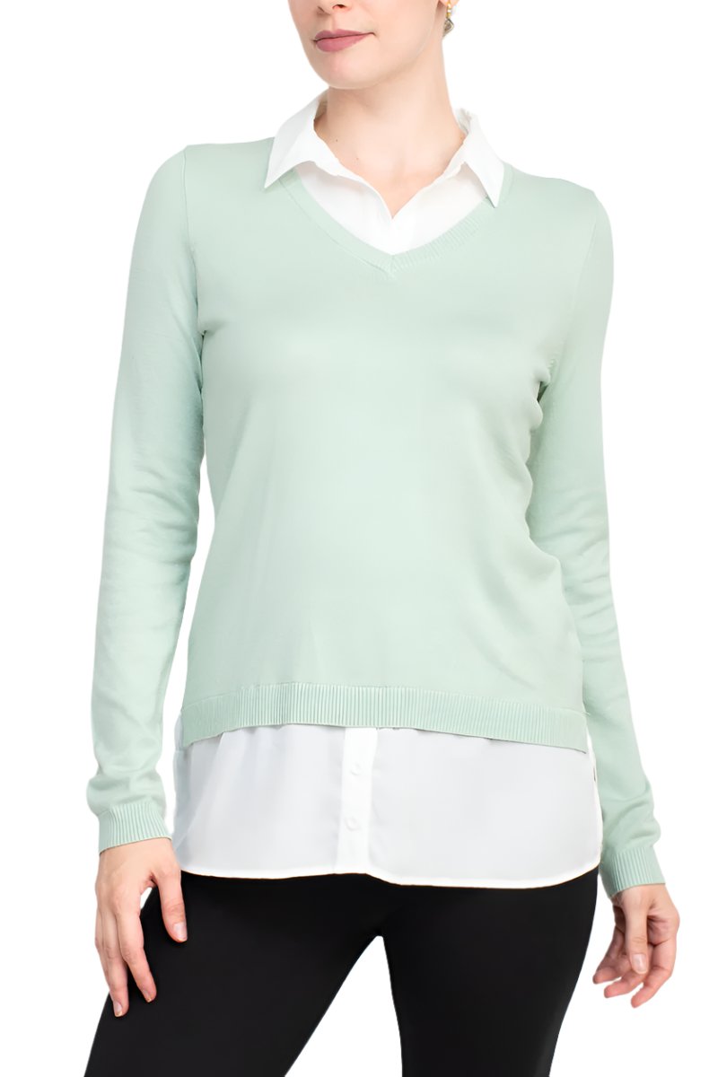 Adrianna Papell Shell V-neck Sheath Lsyered Twofer Sweater - Wholesale - SILT GREEN IVORY - Front