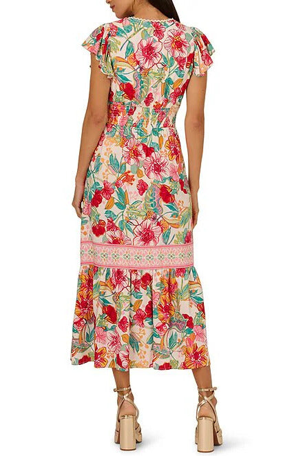 Adrianna Papell Floral V-Neckline Flutter Cap Short Sleeves Maxi Dress - PINK GREEN MULTI - Back