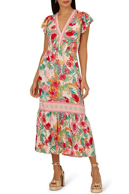 Adrianna Papell Floral V-Neckline Flutter Cap Short Sleeves Maxi Dress - PINK GREEN MULTI - Front