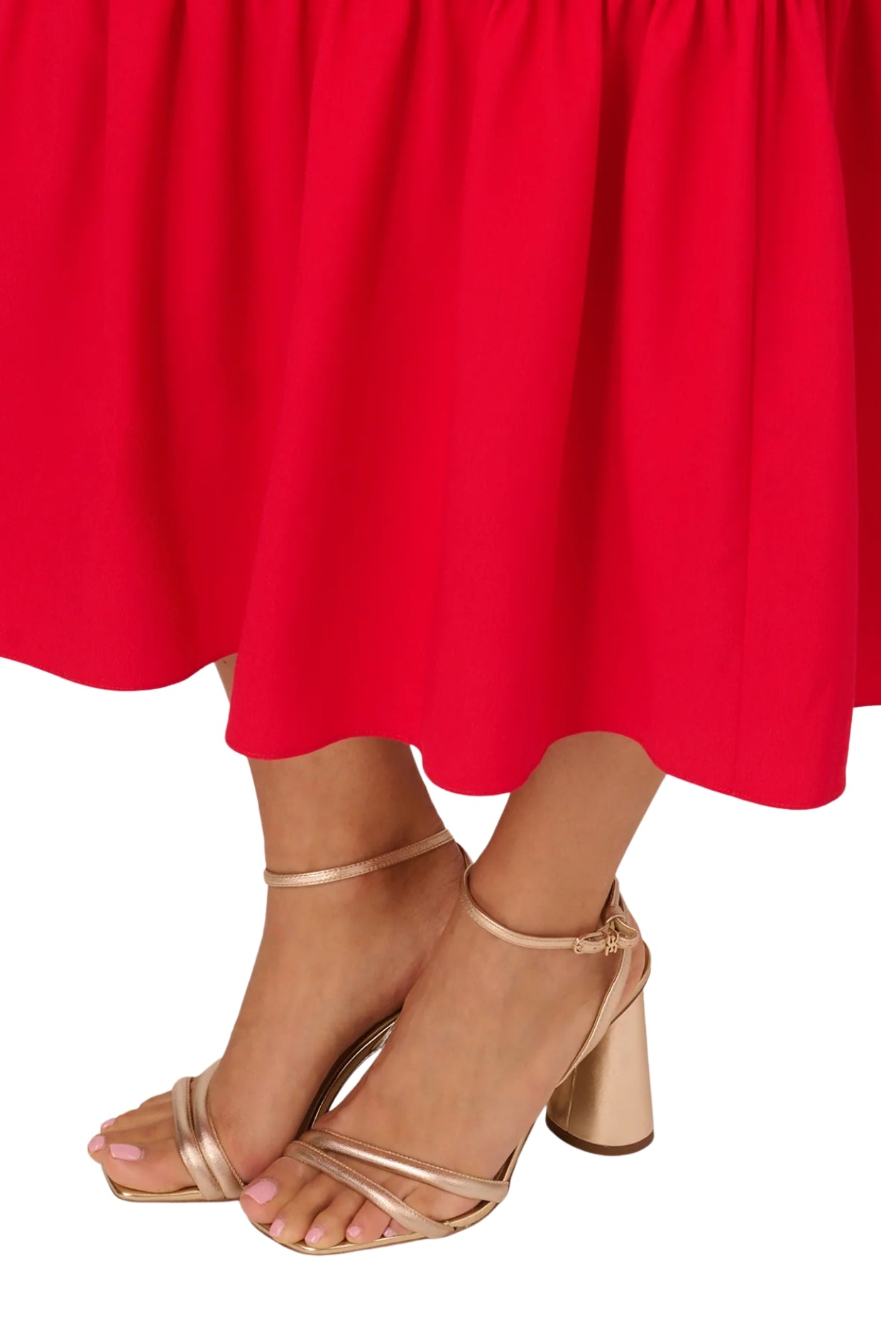 Adrianna Papell Solid Sweetheart Neckline Smocked Back Puff Short Sleeves Flounce Ruffle Hem A-Line Midi Dress - SCARLET - FLOUNCE VIEW