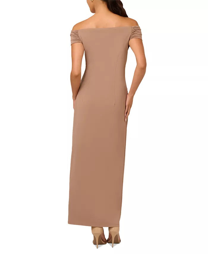 Adrianna Papell Off-The-Shoulder Long Column Dress - TAUPE - Back