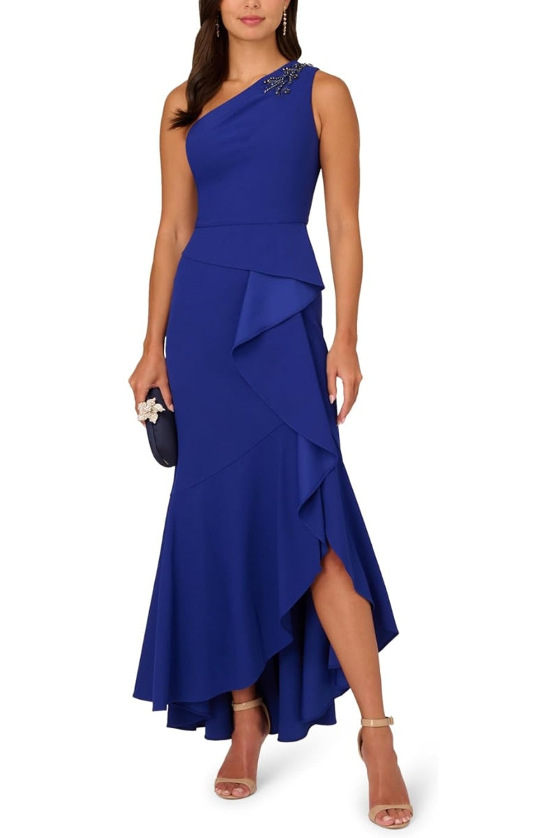 Adrianna Papell Beaded One-Shoulder Sleeveless Side Zipper Closure Ruffles Draped Details Dress - ROYAL SAPPHIRE - Front View