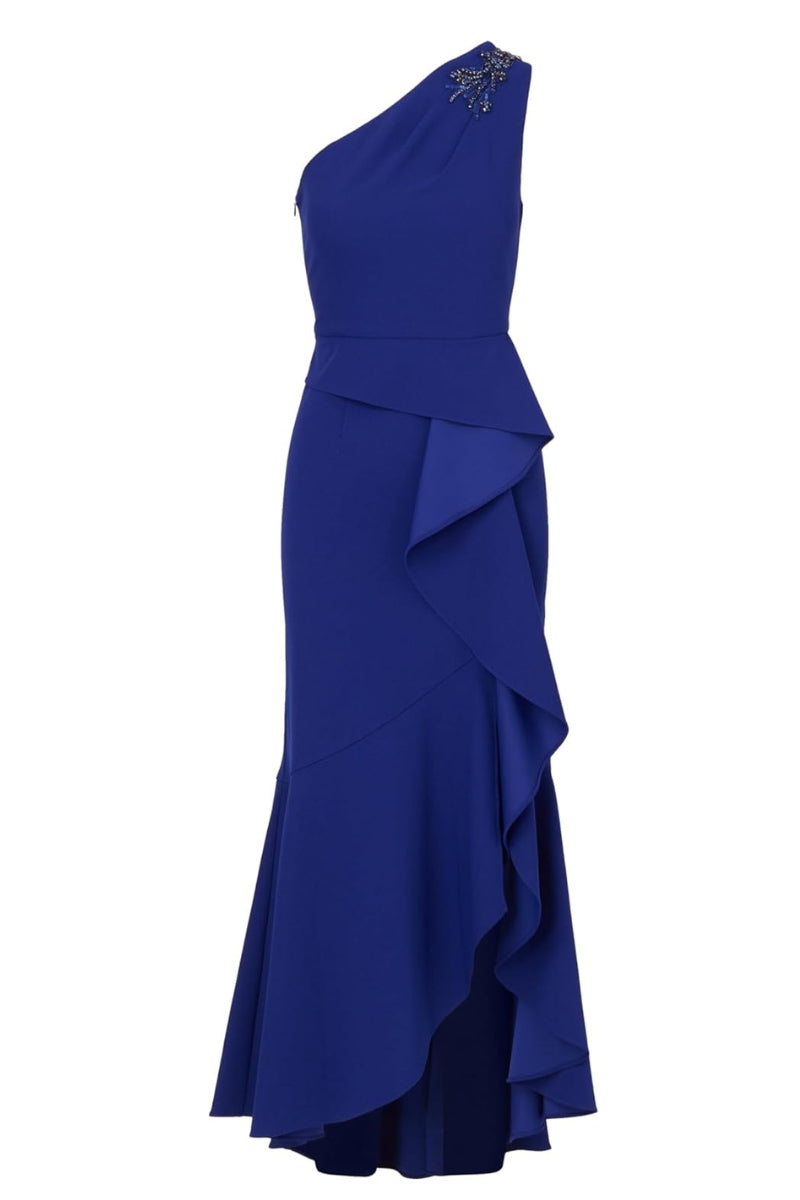 Adrianna Papell Beaded One-Shoulder Sleeveless Side Zipper Closure Ruffles Draped Details Dress - ROYAL SAPPHIRE - Front Full View