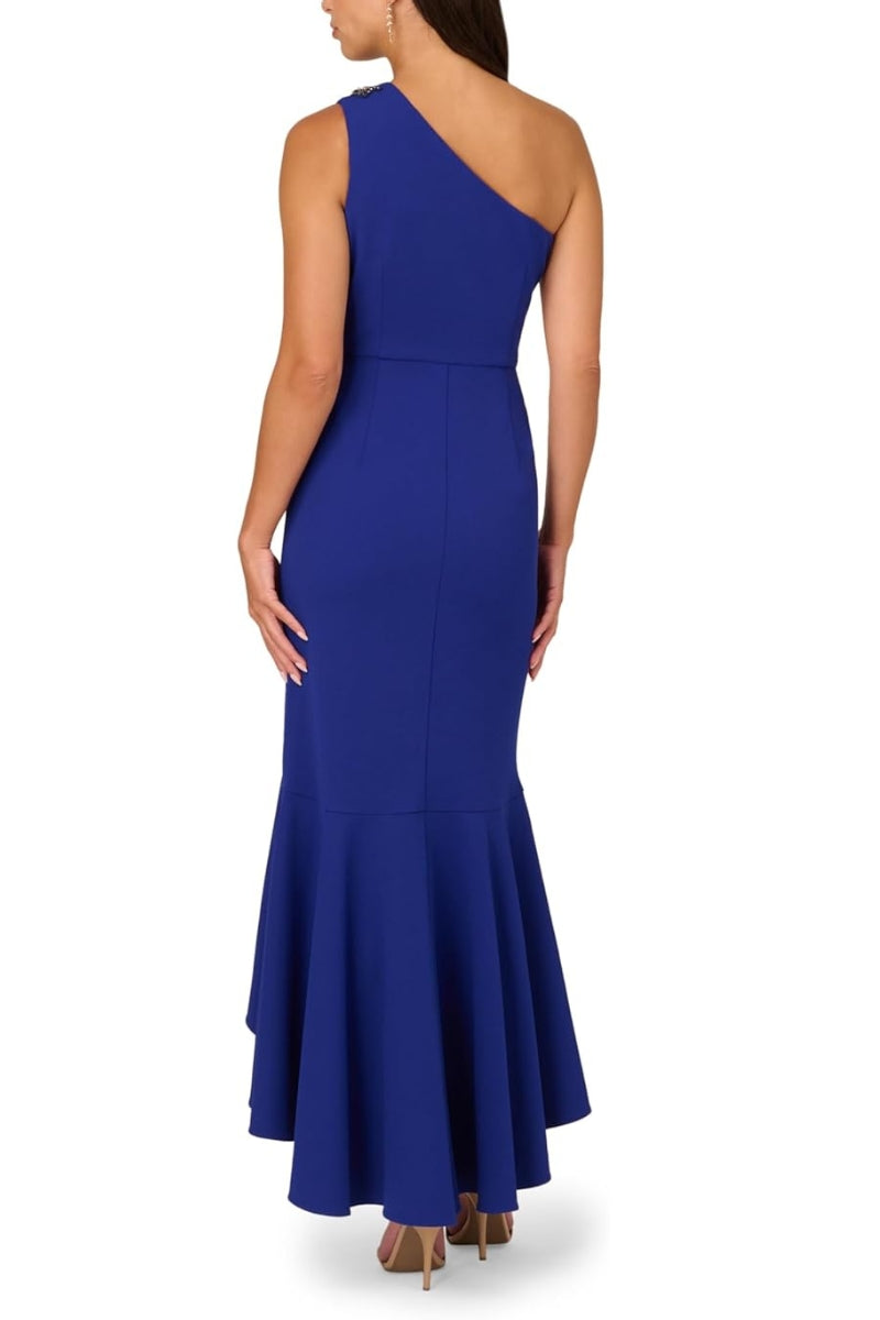 Adrianna Papell Beaded One-Shoulder Sleeveless Side Zipper Closure Ruffles Draped Details Dress - ROYAL SAPPHIRE - Back