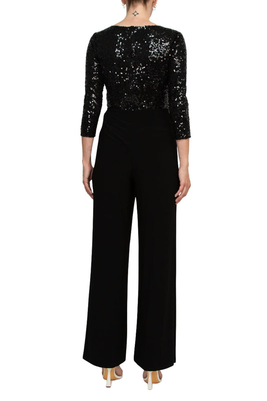 Black V-Neck Full-Length Sequin Evening Jumpsuit with Three-Quarter Sleeves Adrianna Papell AD5E210877