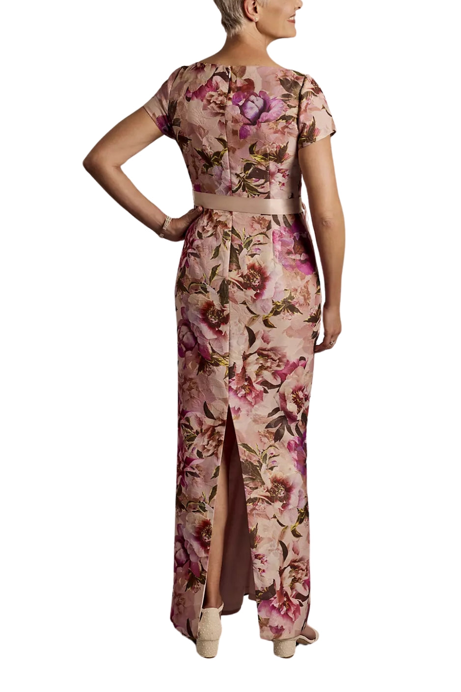 Adrianna Papell Floral Print Short-Sleeve Back Zipper Sheath Slim Column Dress - BLUSH MULTI - Back