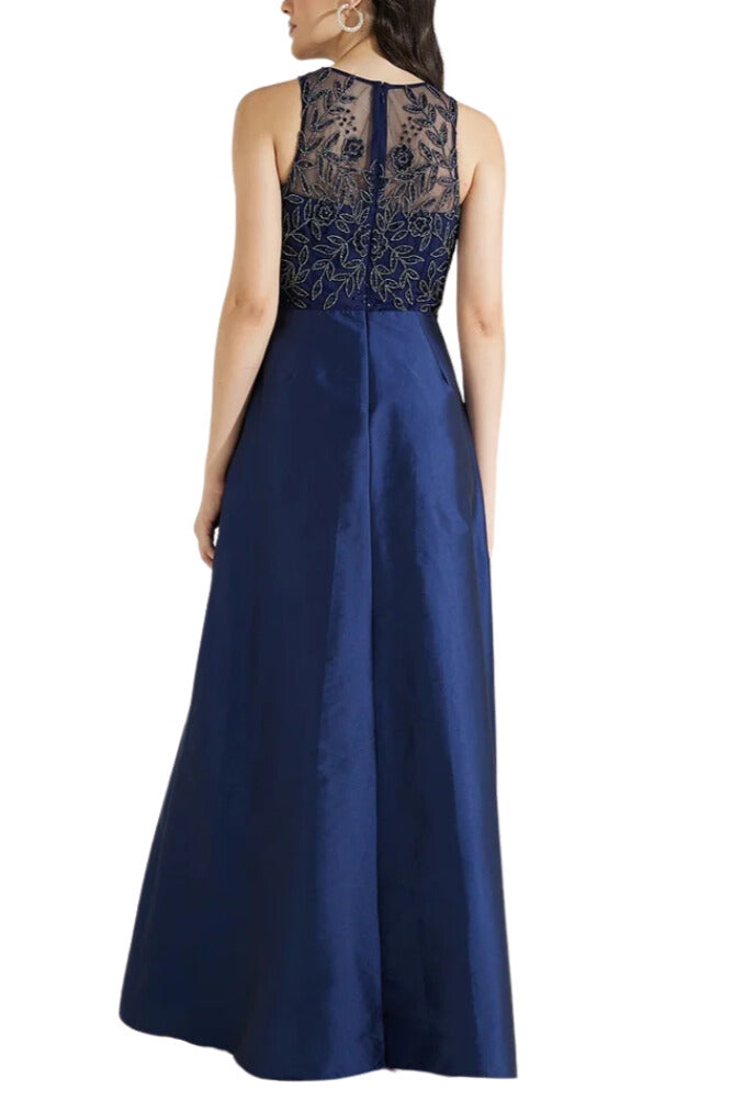 Adrianna Papell Round Neckline Sleeveless Beaded Bodice Waist Flares Shift Embellished Tiered Maxi Dress - LIGHT NAVY - back