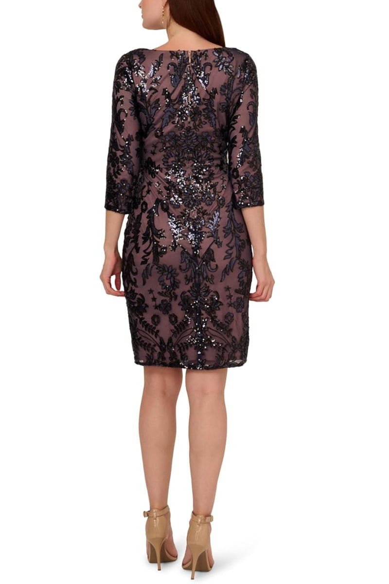 Adrianna Papell Deep V-Neckline Three-Quarter Sleeves Fit Bodice Sheath Skirt Dress - NAVY ROSEGOLD - Back