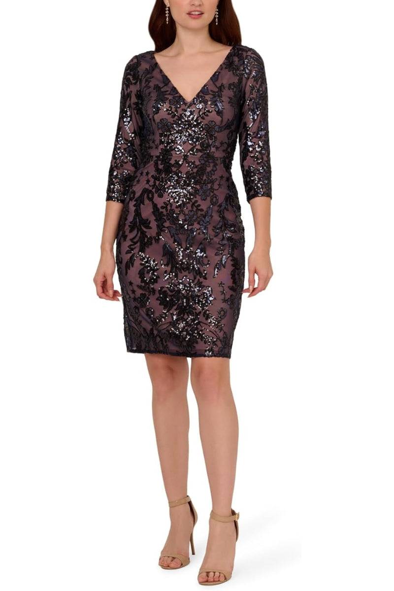 Adrianna Papell Deep V-Neckline Three-Quarter Sleeves Fit Bodice Sheath Skirt Dress - NAVY ROSEGOLD - Front