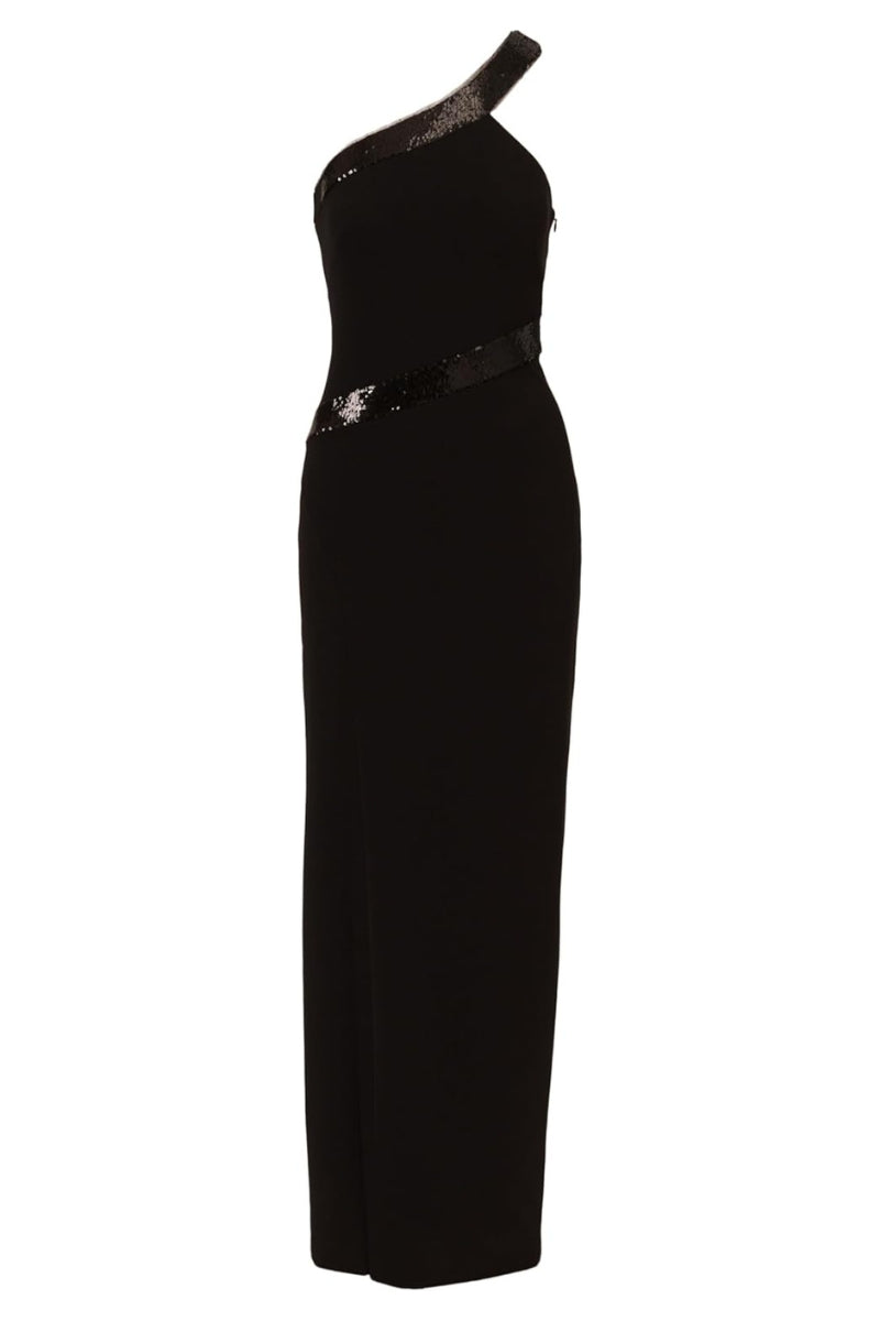 Adrianna Papell Asymmetric One-Shoulder Embellished Sequin Trim Side-Zip Closure Crepe Gown Dress