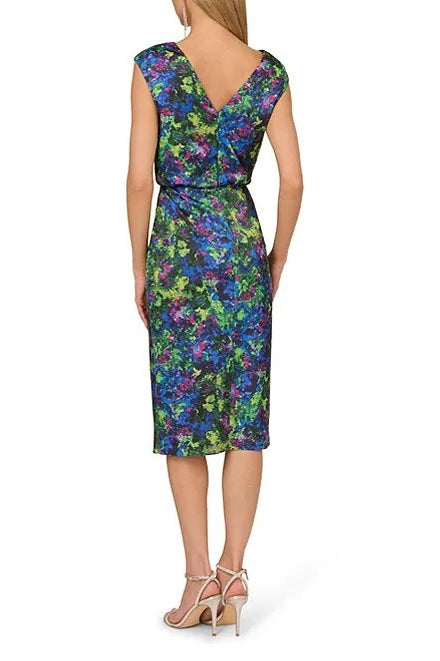 Adrianna Papell Floral Satin V-Neck Sleeveless Faux Wrap Silhouette Midi Dress - GREEN MULTI - Back