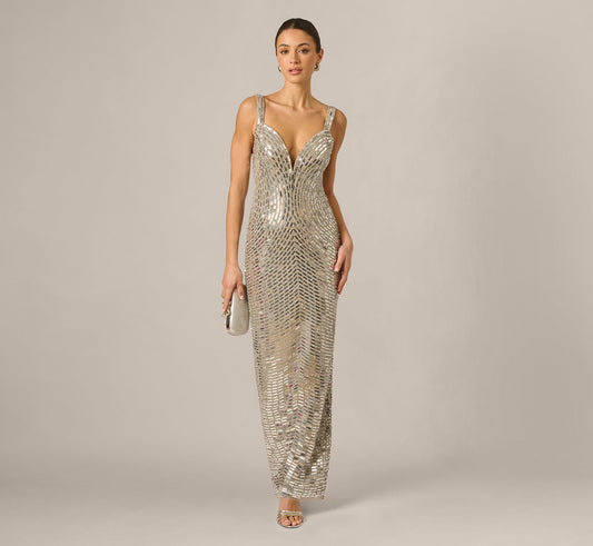 Wholesale Plunge Neck Mirror Beaded Gown Adrianna Papell ADAE213108