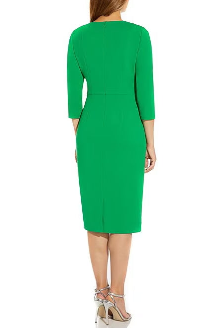 Adrianna Papell Crew Neck 3/4 Sleeve Tie Waist Bodycon Zipper Back Solid Knit Crepe Dress - BLUE COAST - Front - VIVID GREEN - Back