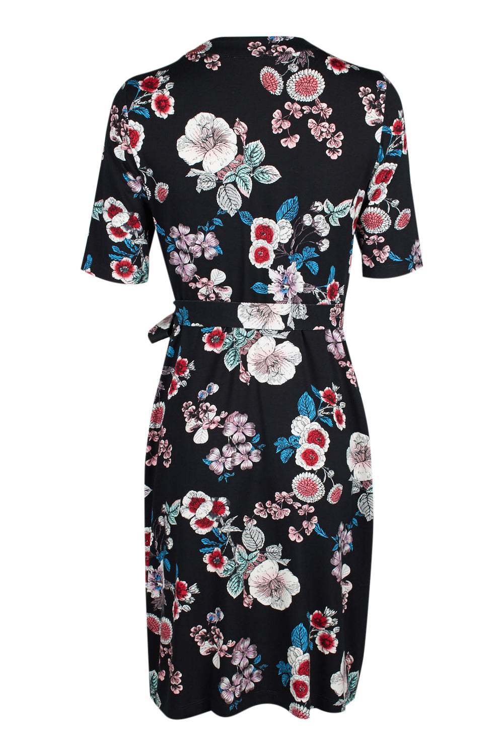 Adrianna Papell Surplice Nk Short Sleeve Floral Print Tie Side Rayon Jersey Faux Wrap Dress - Wholesale - BLACK MULTI - Back