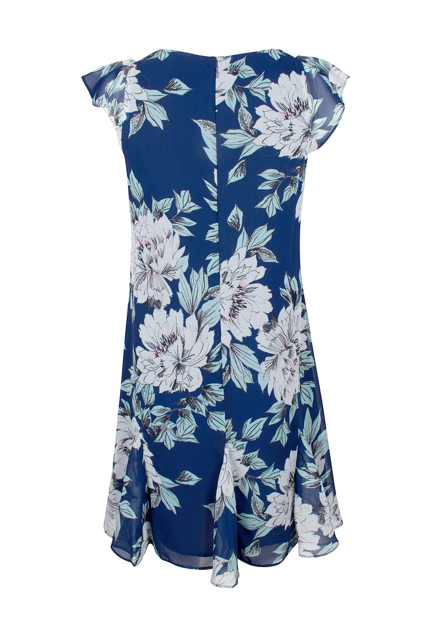 Adrianna Papell V-Neck Short Sleeve Zipper Back Floral Print Godet Hem Chiffon Dress - NAVY MULTI - Back View