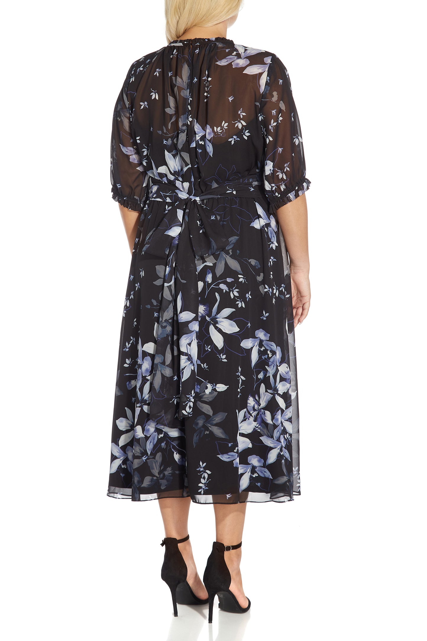Adrianna Papell Ruffled High Neck Elbow Sleeve Ruffled Cuff Tiered Waist Tie Back Floral Print Chiffon Midi Dress (Plus Size) - BLACK BLUE MULTI - Back