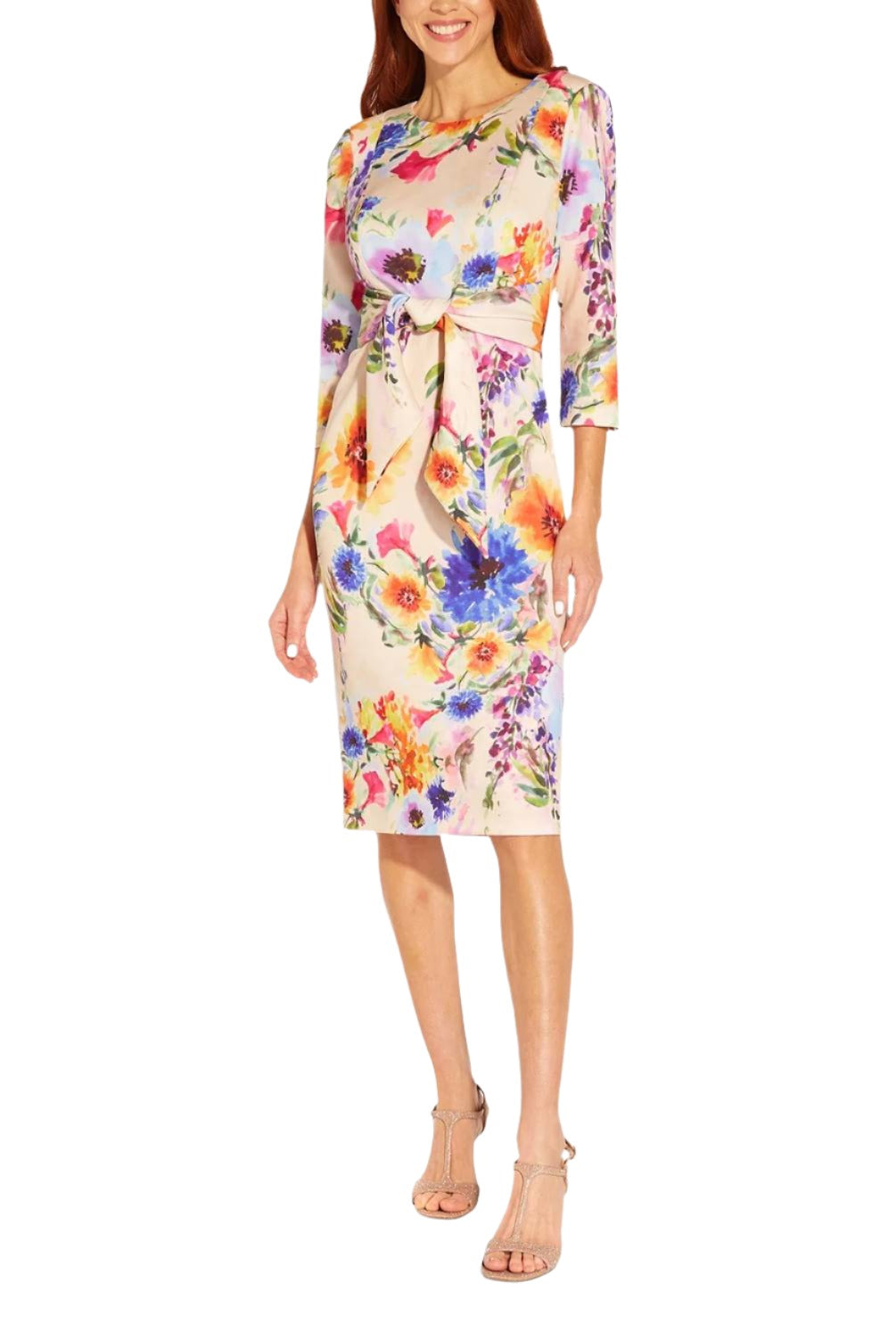 Adrianna Papell Floral Print Tie Front Midi Sheath Dress - Wholesale |  Available at Immediate Apparel