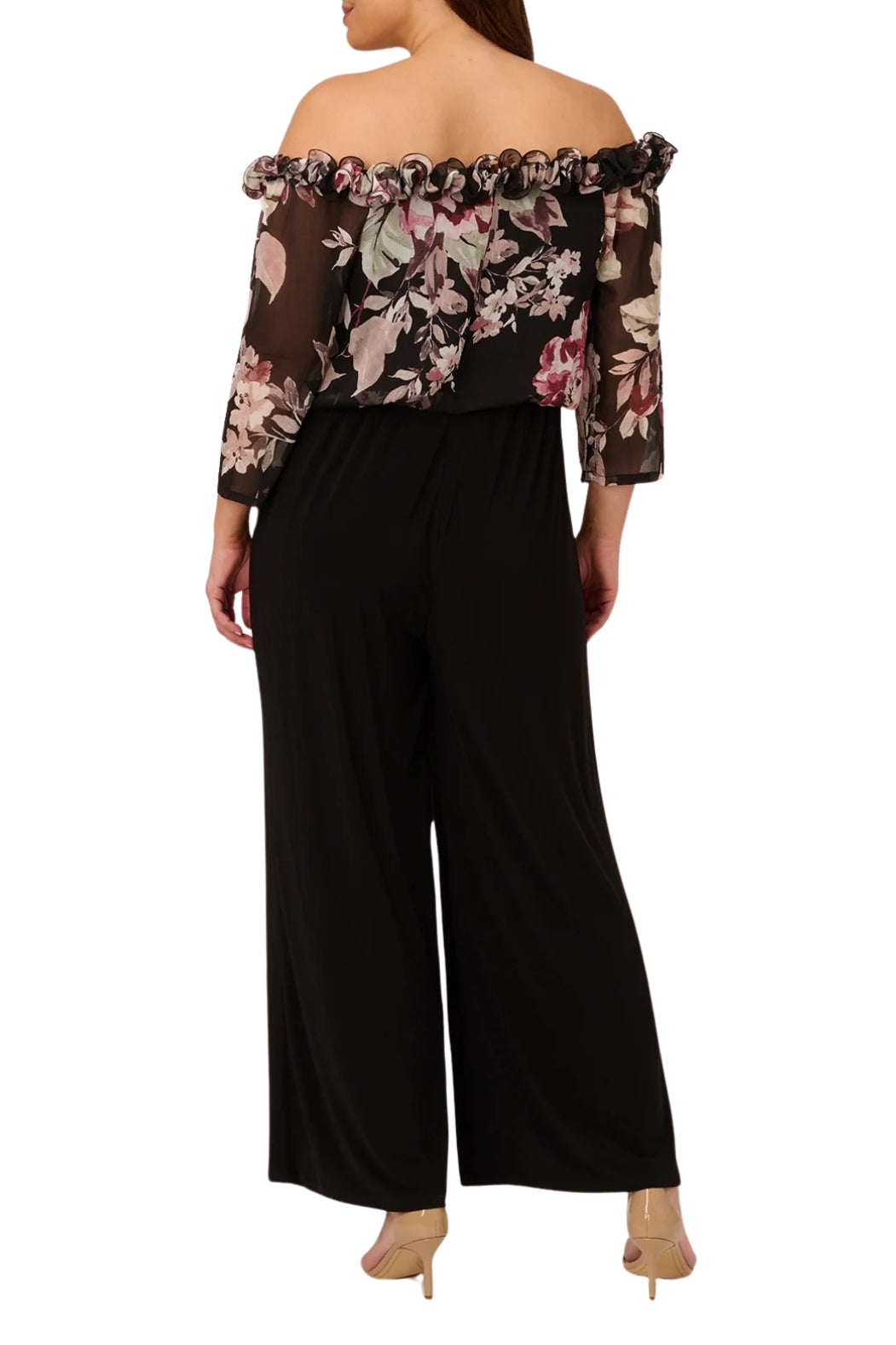 Adrianna Papell Plus Size Off The Shoulder Jersey Jumpsuit - BLACK MULTI - Back