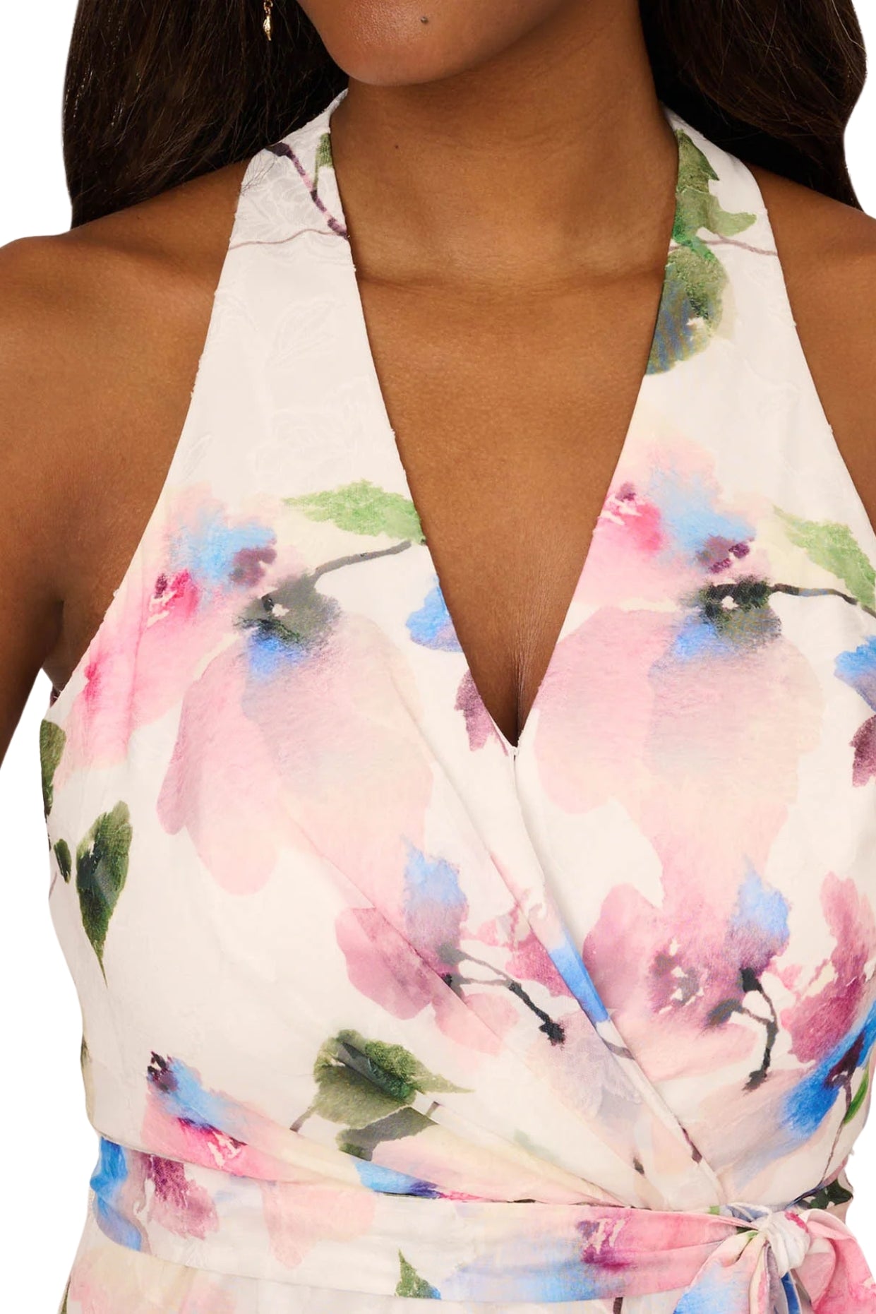 Adrianna Papell Floral Print Deep V-Neckline Sleeveless Waist Tie Chiffon Halter Dress - IVORY PINK - NECK VIEW
