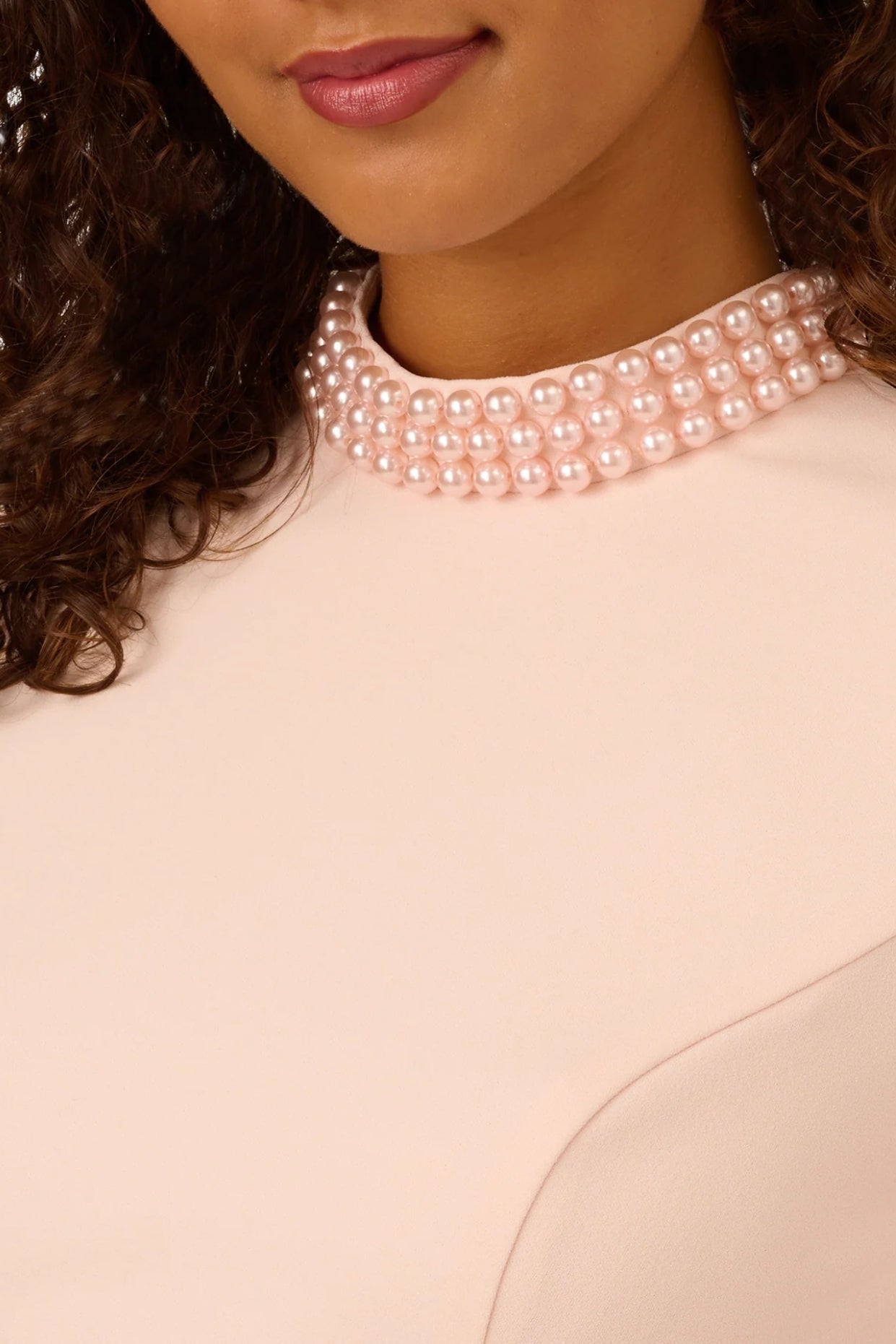 Adrianna Papell Joyful Blush High Collar Embellished Short Sleeve Crepe Midi Sheath Dress - JOYFUL BLUSH - NECK