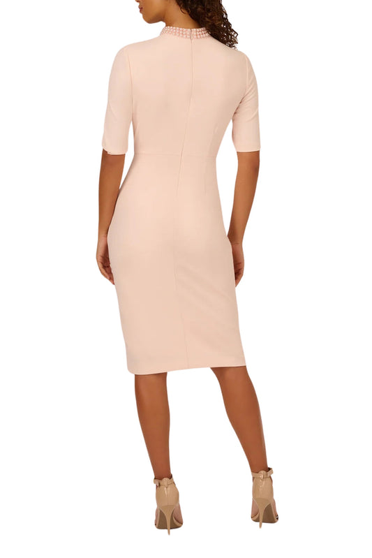 Crew Neck Knee-Length Crepe Cocktail Dress with Short Sleeves and Side Slit Joyful Blush