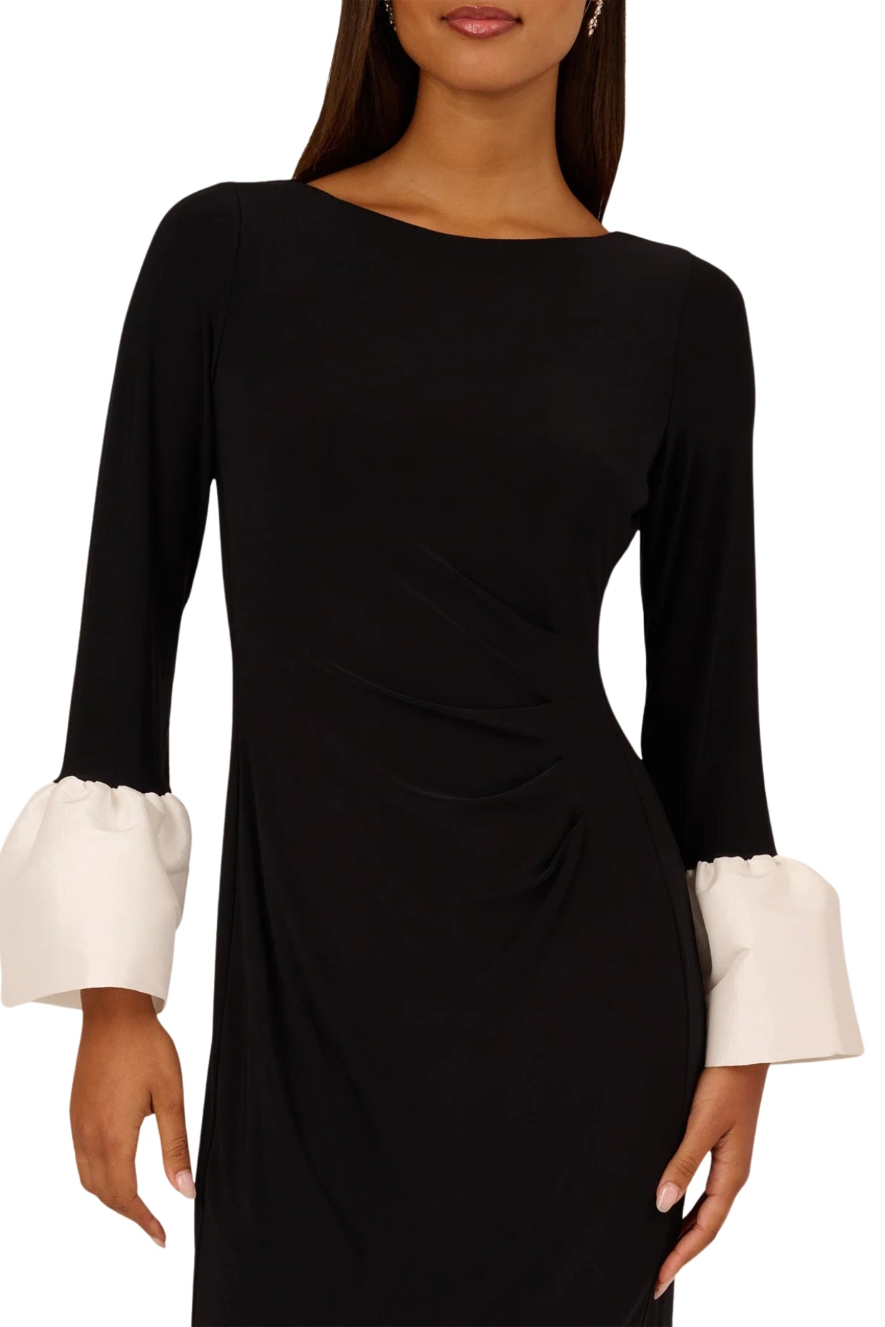 Adrianna Papell Bateau Neckline Contrast Long Sleeves Taffeta Cuffs Zipper Closure Above-the-Knee Sheath Dress