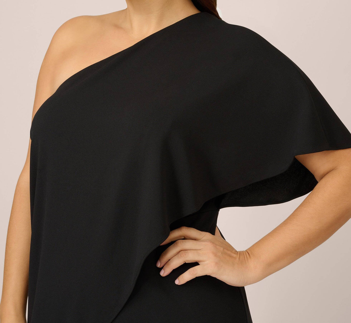 Black One Shoulder Floor Length Crepe Formal Jumpsuit with Flutter Overlay Adrianna Papell AP1E201788
