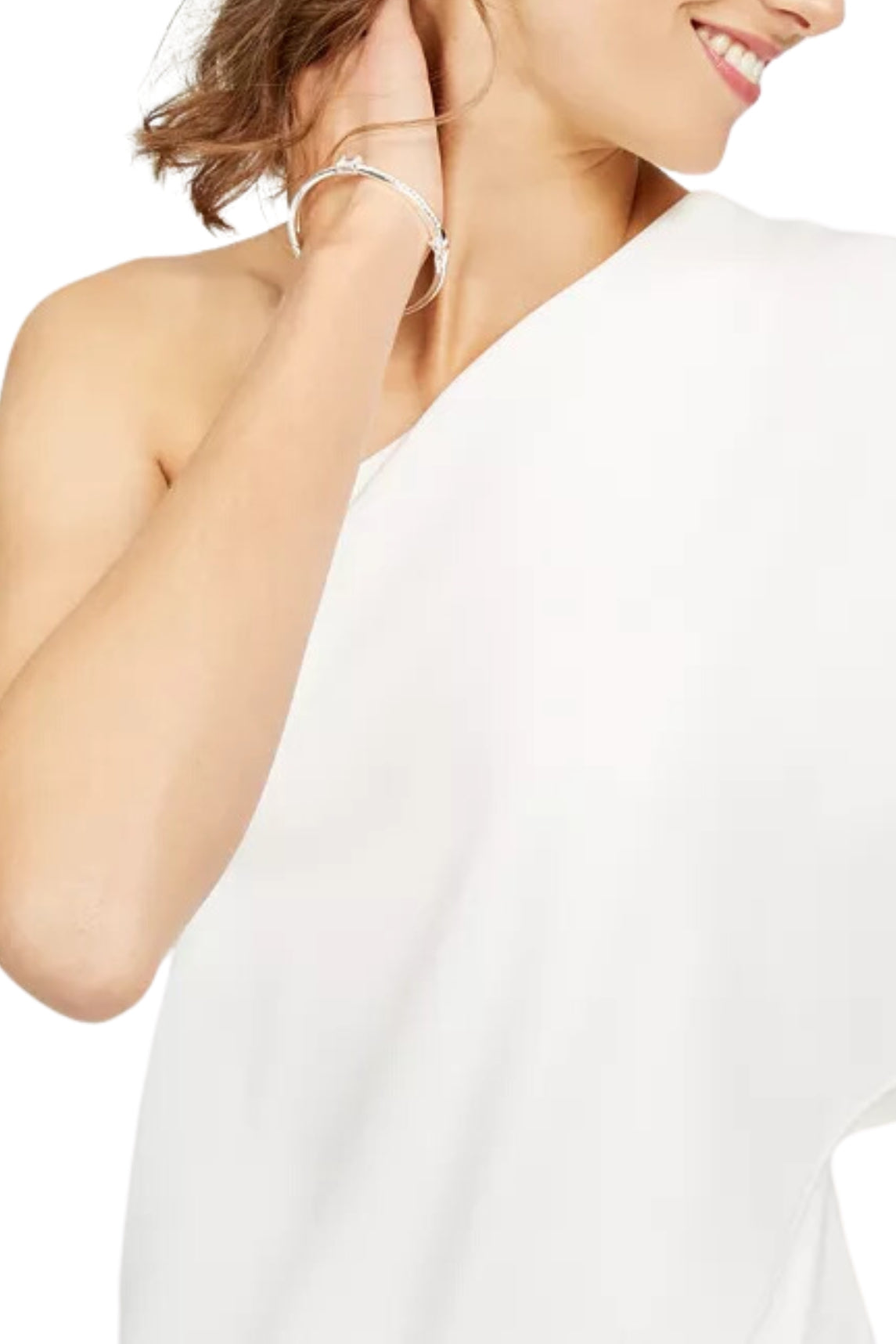 Adrianna Papell Asymmetrical One Shoulder Cape Sleeve Stretch Crepe Solid Jumpsuit - IVORY - neck